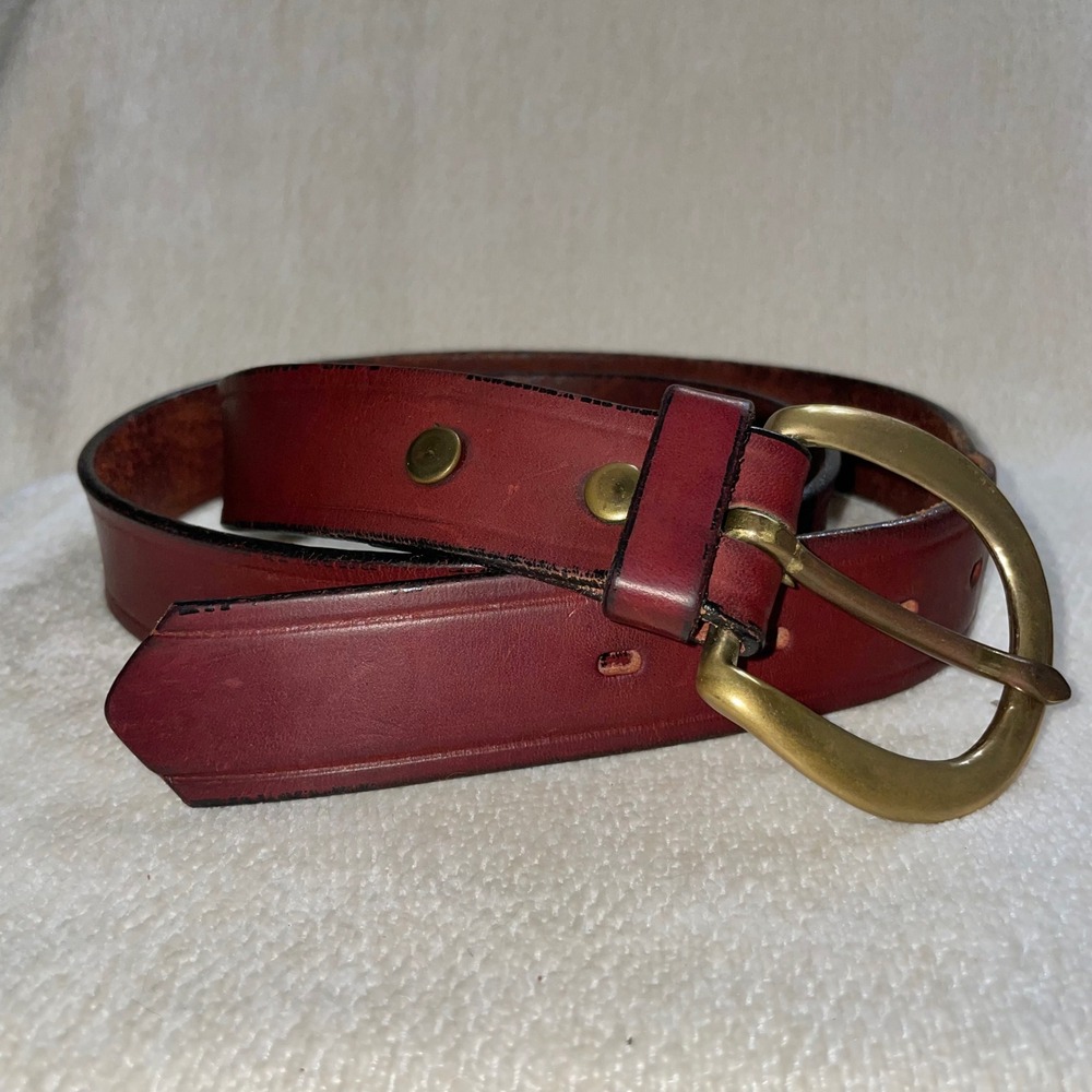Vintage Oxblood Harness Leather Belt Brass Horseshoe Buckle Size 36 1.25"